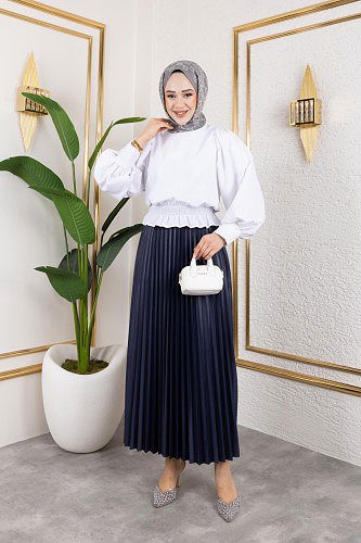 Pliseli Tesettür Etek-2034 Lacivert - Thumbnail