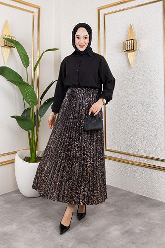Pliseli Tesettür Etek-2034 Leopar - Thumbnail