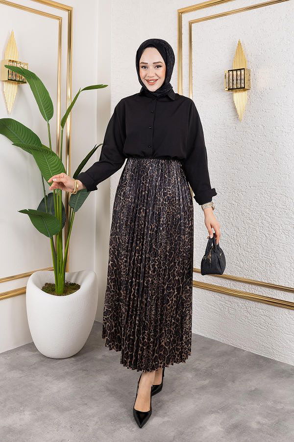 Pliseli Tesettür Etek-2034 Leopar