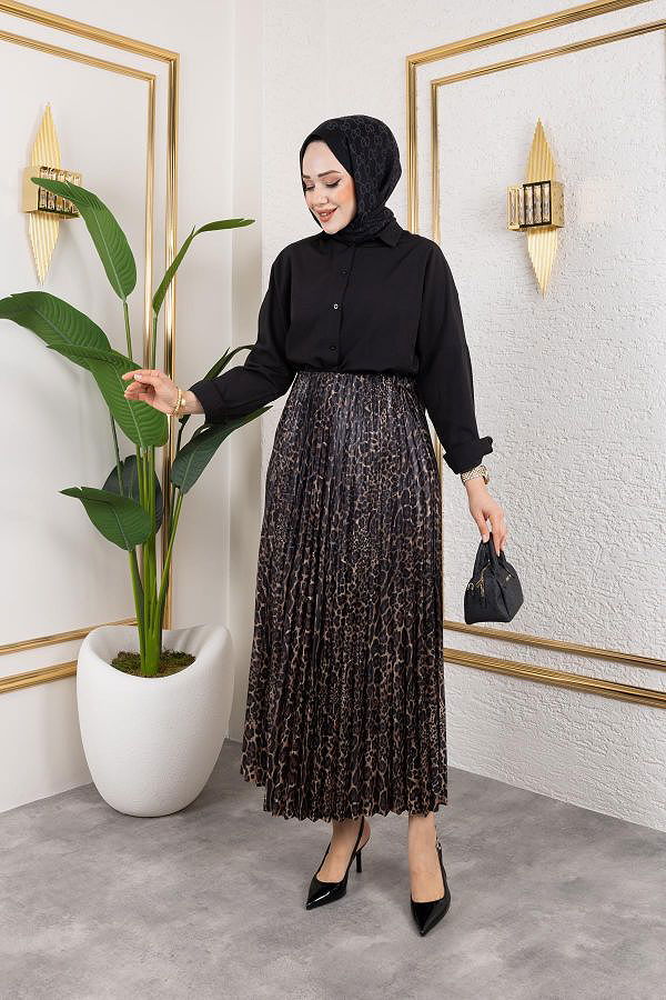 Pliseli Tesettür Etek-2034 Leopar