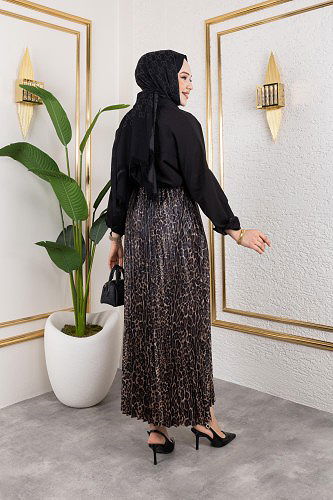 Pliseli Tesettür Etek-2034 Leopar - Thumbnail