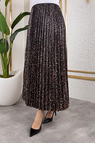 Pliseli Tesettür Etek-2034 Leopar - Thumbnail