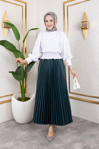 Modaebva - Pliseli Tesettür Etek-2034 Zümrüt yeşili