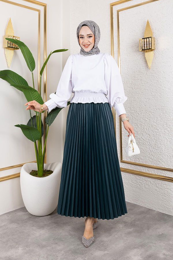 Pliseli Tesettür Etek-2034 Zümrüt yeşili