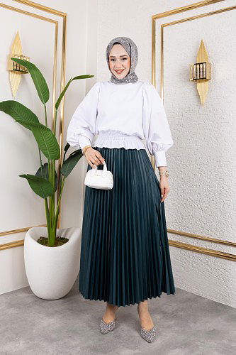 Modaebva - Pliseli Tesettür Etek-2034 Zümrüt yeşili (1)