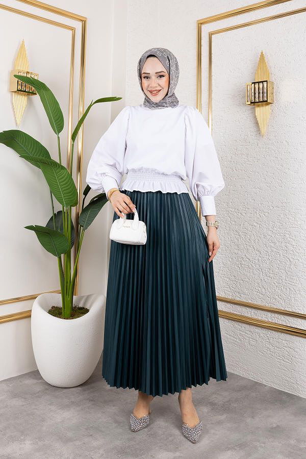 Pliseli Tesettür Etek-2034 Zümrüt yeşili