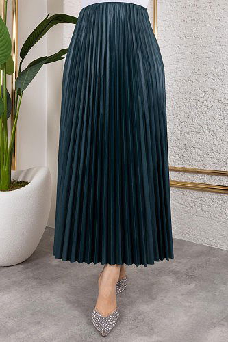 Pliseli Tesettür Etek-2034 Zümrüt yeşili - Thumbnail