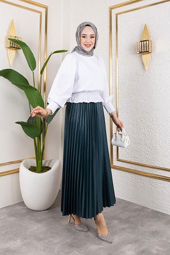Pliseli Tesettür Etek-2034 Zümrüt yeşili - Thumbnail
