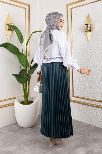 Pliseli Tesettür Etek-2034 Zümrüt yeşili - Thumbnail