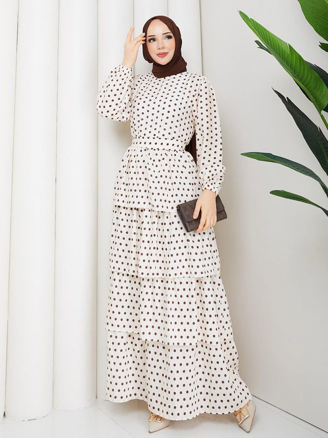 Puantiyeli Eteği Katlı Elbise-5235 Krem
