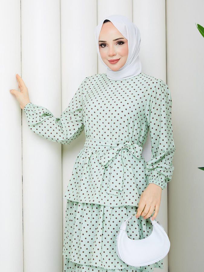 Puantiyeli Eteği Katlı Elbise-5235 Mint yeşili