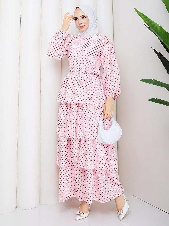 Puantiyeli Eteği Katlı Elbise-5235 Pembe