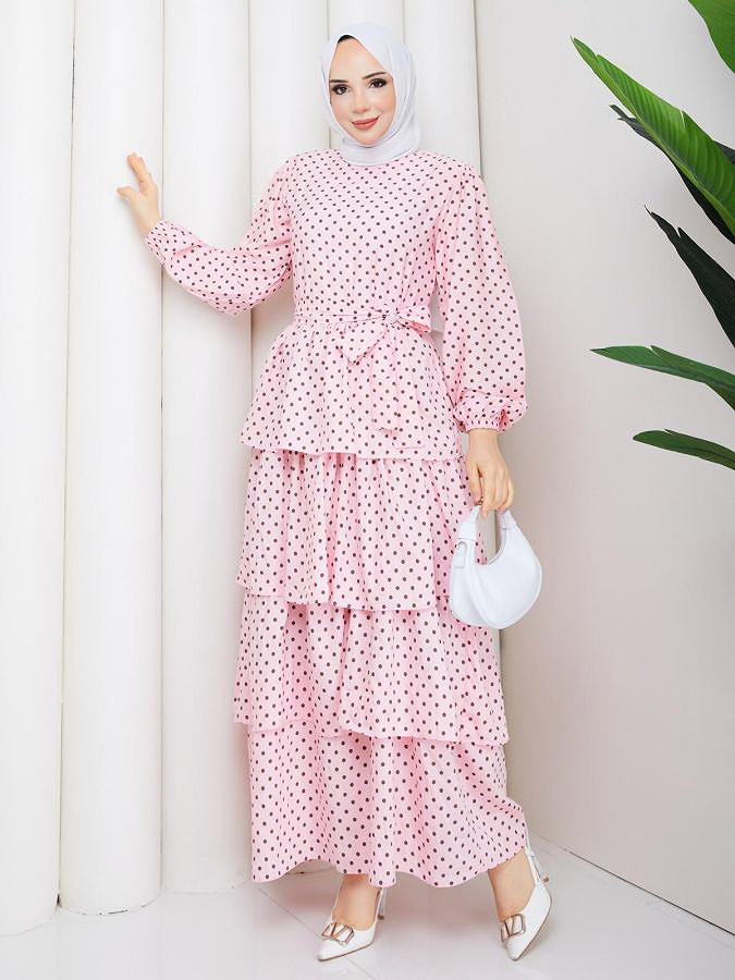 Puantiyeli Eteği Katlı Elbise-5235 Pembe