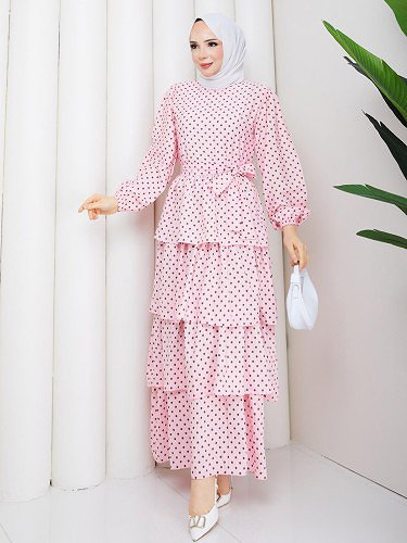 Puantiyeli Eteği Katlı Elbise-5235 Pembe - Thumbnail