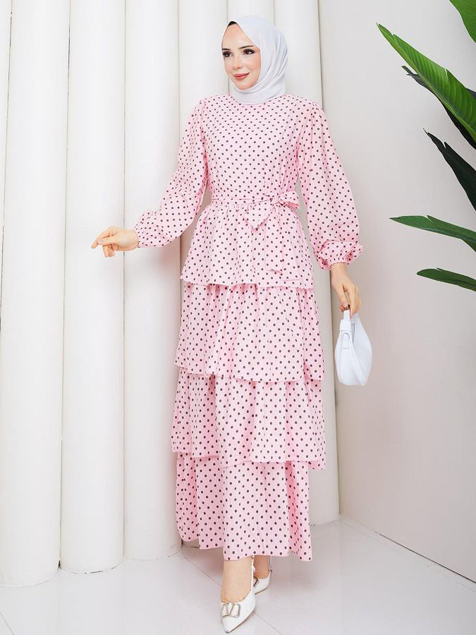 Puantiyeli Eteği Katlı Elbise-5235 Pembe