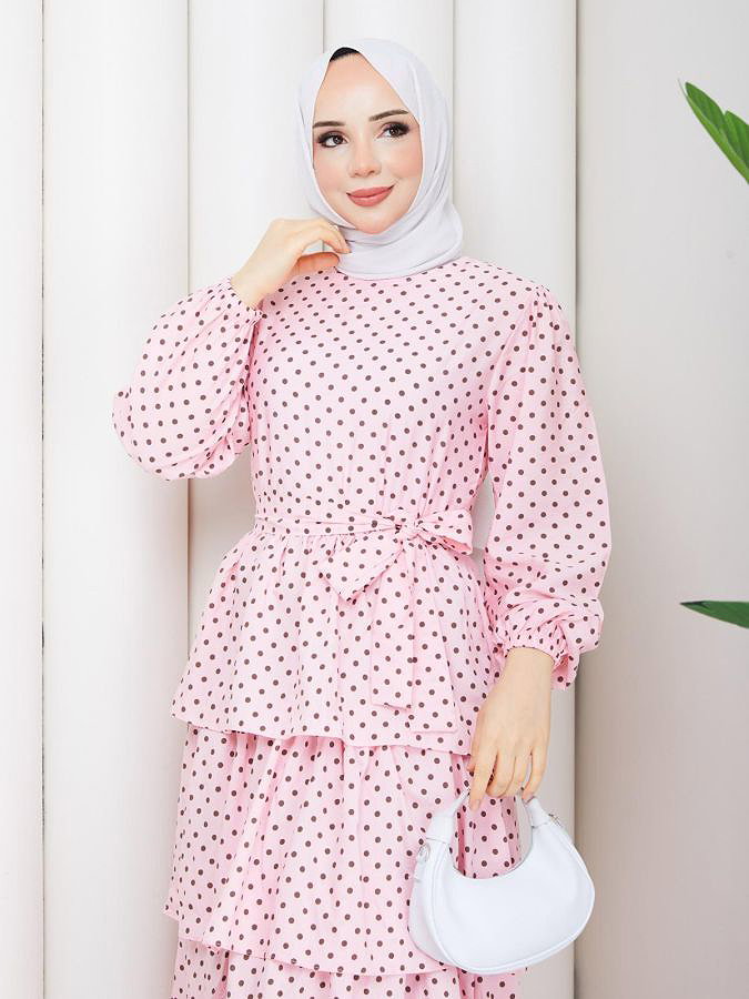 Puantiyeli Eteği Katlı Elbise-5235 Pembe