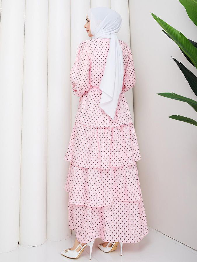 Puantiyeli Eteği Katlı Elbise-5235 Pembe