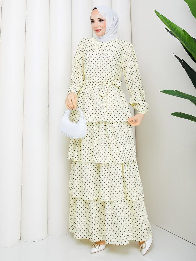Puantiyeli Eteği Katlı Elbise-5235 Sarı