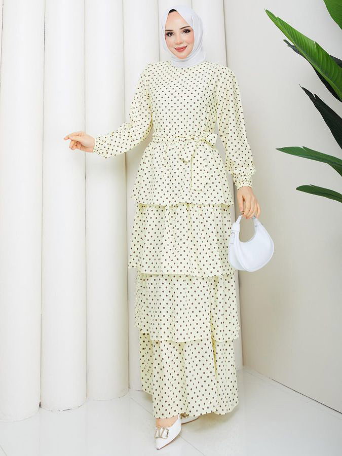 Puantiyeli Eteği Katlı Elbise-5235 Sarı