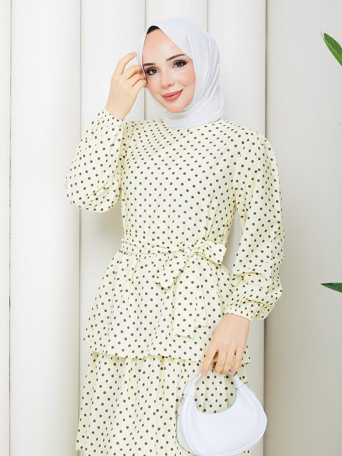 Puantiyeli Eteği Katlı Elbise-5235 Sarı