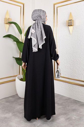 Robalı Tesettür Elbise-5023 Siyah - Thumbnail