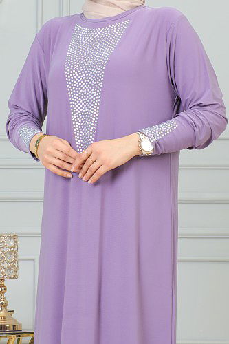 Sandy Ön Ve Kol Taş Detaylı Elbise-3173 Lila - Thumbnail