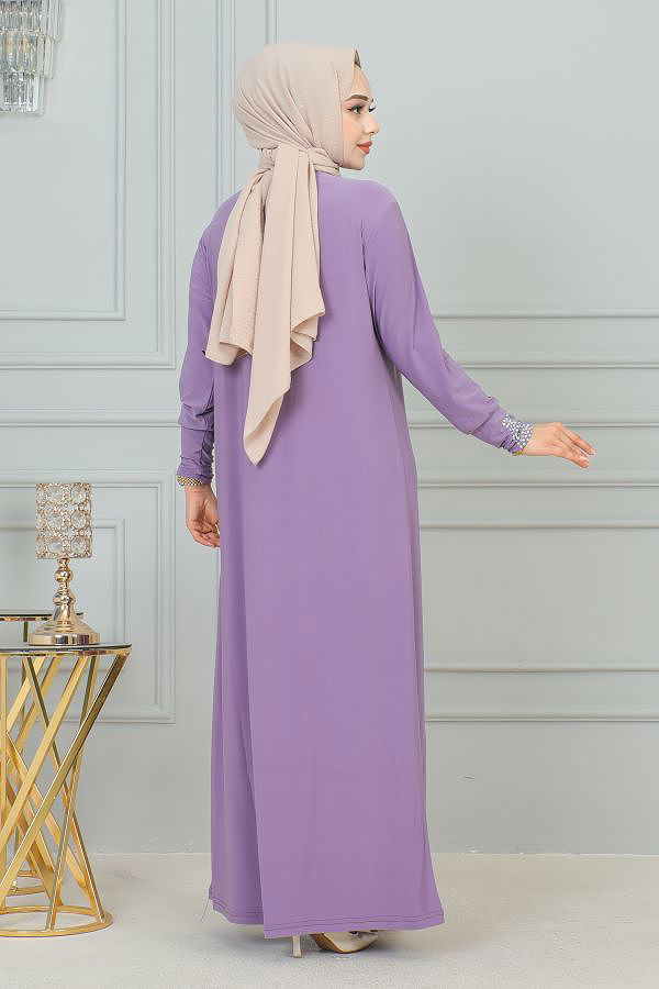 Sandy Ön Ve Kol Taş Detaylı Elbise-3173 Lila