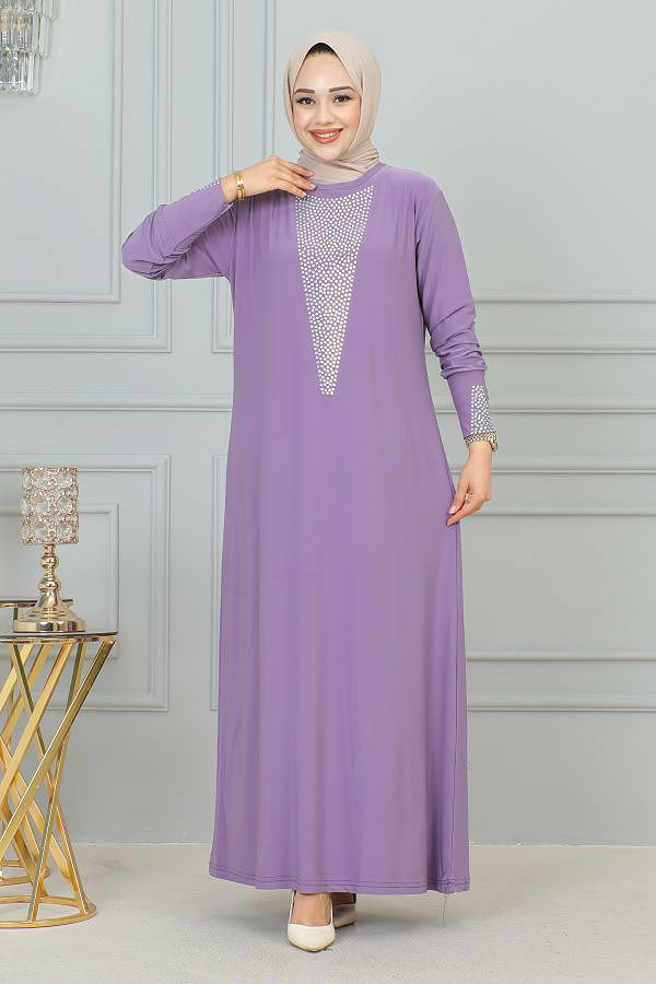 Sandy Ön Ve Kol Taş Detaylı Elbise-3173 Lila
