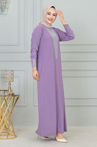 Sandy Ön Ve Kol Taş Detaylı Elbise-3173 Lila - Thumbnail