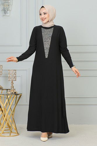 Sandy Ön Ve Kol Taş Detaylı Elbise-3173 Siyah - Thumbnail