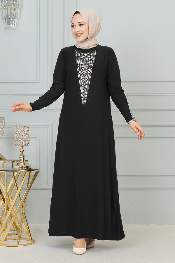 Sandy Ön Ve Kol Taş Detaylı Elbise-3173 Siyah