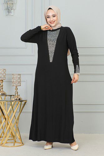 Sandy Ön Ve Kol Taş Detaylı Elbise-3173 Siyah - Thumbnail