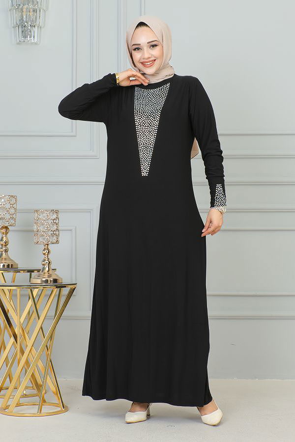 Sandy Ön Ve Kol Taş Detaylı Elbise-3173 Siyah