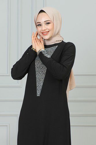 Sandy Ön Ve Kol Taş Detaylı Elbise-3173 Siyah - Thumbnail