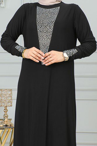 Sandy Ön Ve Kol Taş Detaylı Elbise-3173 Siyah - Thumbnail