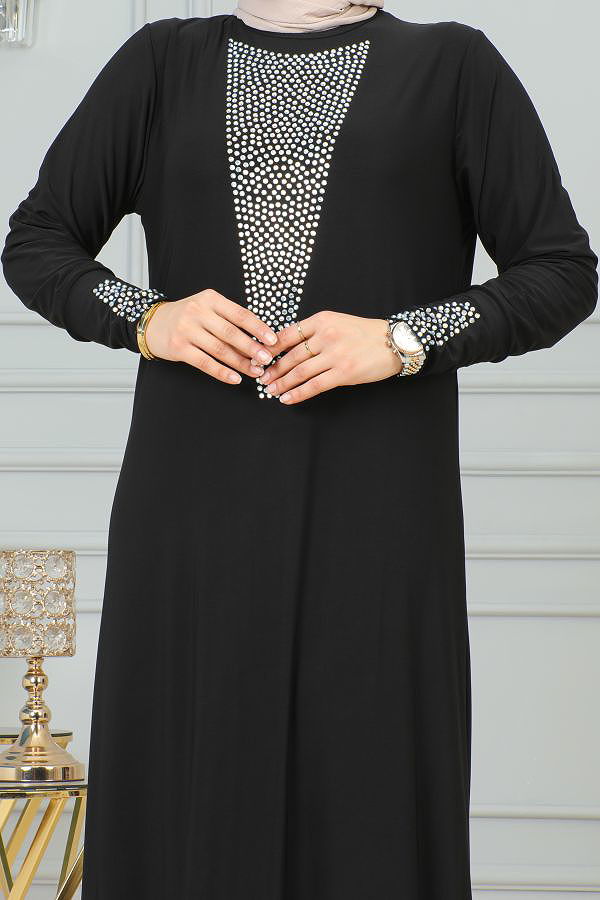 Sandy Ön Ve Kol Taş Detaylı Elbise-3173 Siyah
