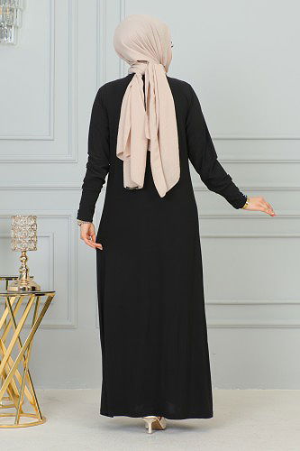 Sandy Ön Ve Kol Taş Detaylı Elbise-3173 Siyah - Thumbnail