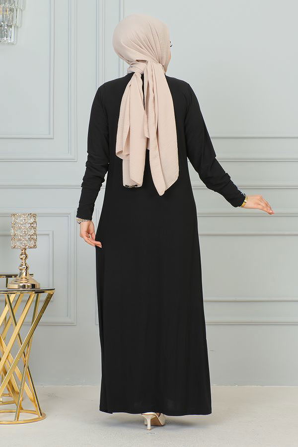 Sandy Ön Ve Kol Taş Detaylı Elbise-3173 Siyah