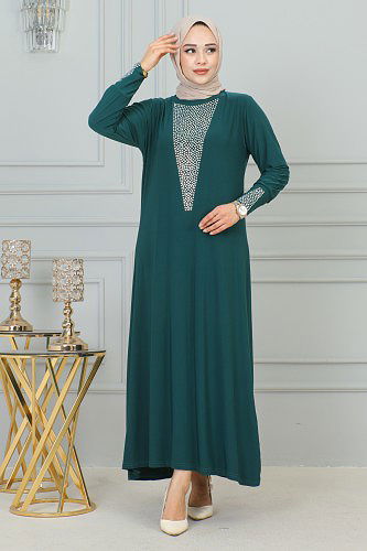 Sandy Ön Ve Kol Taş Detaylı Elbise-3173 Zümrüt yeşili - Thumbnail