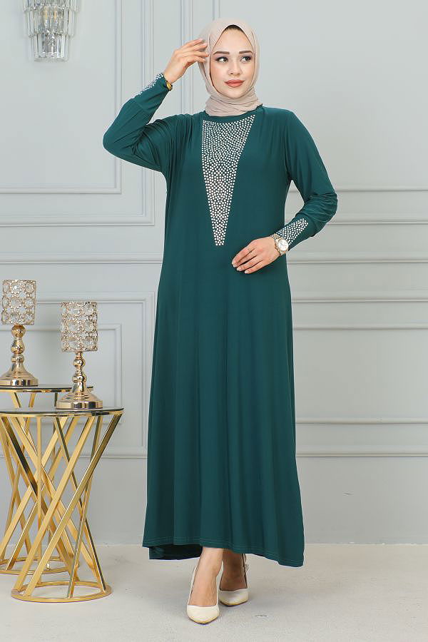 Sandy Ön Ve Kol Taş Detaylı Elbise-3173 Zümrüt yeşili