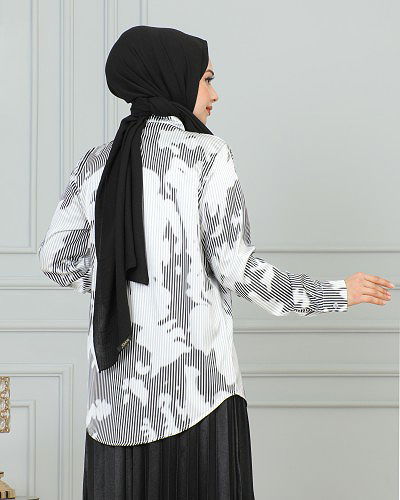 Saten Gömlek-4001 Beyaz-Siyah - Thumbnail