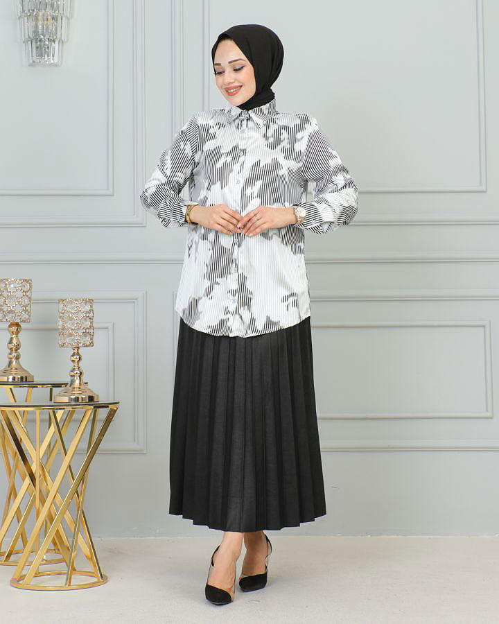 Saten Gömlek-4001 Beyaz-Siyah
