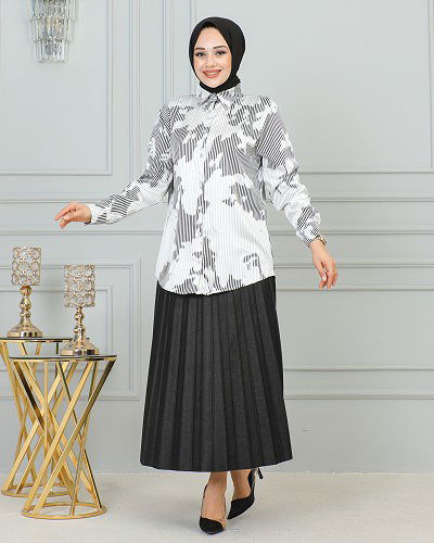 Saten Gömlek-4001 Beyaz-Siyah - Thumbnail