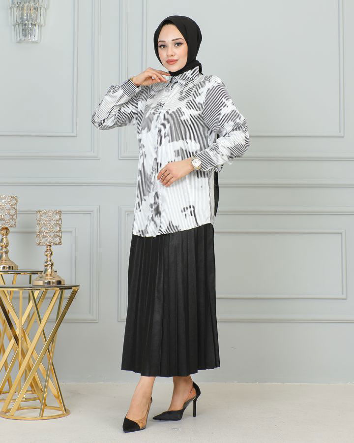 Saten Gömlek-4001 Beyaz-Siyah