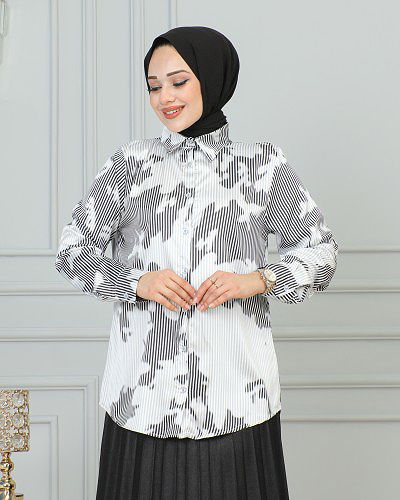 LAVİEN - Saten Gömlek-4001 Beyaz-Siyah (1)