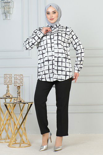 LAVİEN - Saten Gömlek-4001 Siyah-Beyaz(Kare desen)