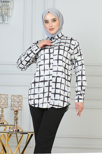 LAVİEN - Saten Gömlek-4001 Siyah-Beyaz(Kare desen) (1)