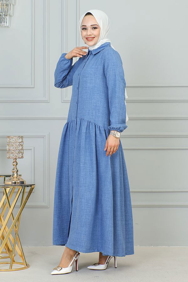 Sofya Keten Düğmeli Kloş Elbise-2328 Bebe mavisi