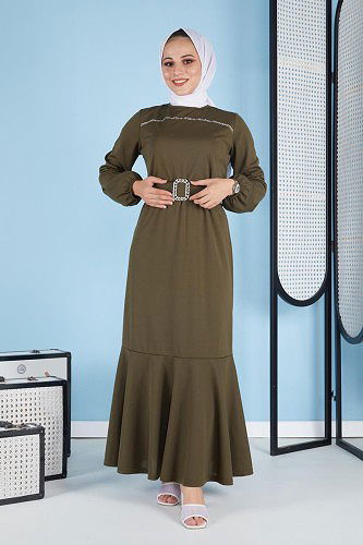 Taş Detaylı Kemerli Tesettür Elbise-3092 Hakiyeşil - Thumbnail
