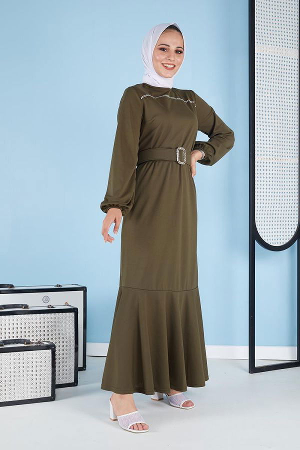 Taş Detaylı Kemerli Tesettür Elbise-3092 Hakiyeşil